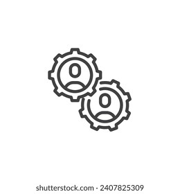 Teamwork, collaboration line icon. Two person in a gear linear style sign for mobile concept and web design. Human interaction outline vector icon. Symbol, logo illustration. Vector graphics