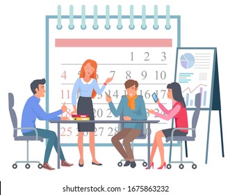 Teamwork collaboration, man and woman workers discussing graph report. Analysis company work in deadline, professional knowledge, colleagues vector