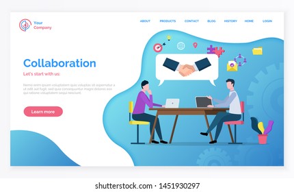 Teamwork collaboration, men sitting at desktop, using laptop. Company cooperation, males brainstorming, communication with wireless device vector. Website or webpage template, landing page flat style