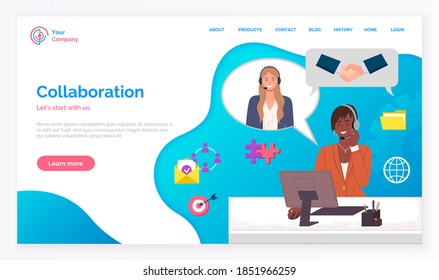 Teamwork, collaboration modern flat vector illustration concept of people communicate remotely. Website template. Concept of successful cooperation, handshake. Creative landing page design template