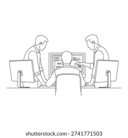 Teamwork collaboration at modern office. Three businessmen brainstorming on a project. Data analysis and strategizing.