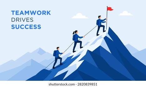 Teamwork, collaboration, mountain, success, vector illustration with climbers helping each other reach the summit, symbolizing leadership, trust, partnership, achievement, determination, and shared goals
