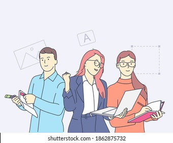 Сreativity, teamwork, collaboration, partnership concept. Happy people working at creative design agency office concept. Collaboration of creators.