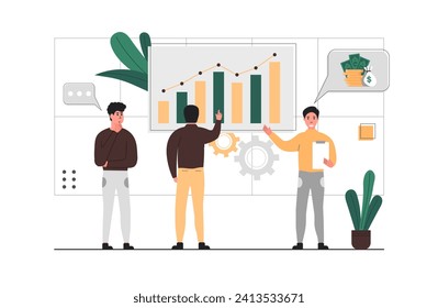 Teamwork and collaboration. People cooperate, help and support each other. Characters discuss new tasks, work in a team, put together a puzzle and create new ideas.Vector illustration.