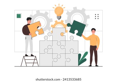 Teamwork and collaboration. People cooperate, help and support each other. Characters discuss new tasks, work in a team, put together a puzzle and create new ideas.Vector illustration.