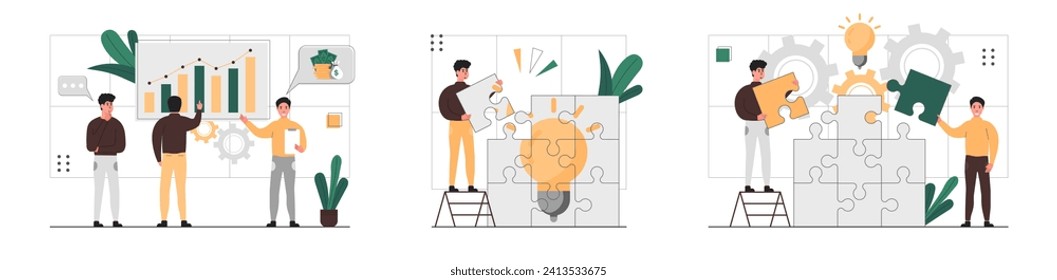 Teamwork and collaboration set. People cooperate, help and support each other. Characters discuss new tasks, work in a team, put together a puzzle and create new ideas.Vector illustration.