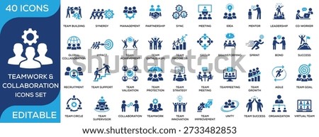 Teamwork and collaboration solid icon set featuring team building, leadership, meetings, brainstorming, synergy, growth, and success. Flat vector icons for business and team projects.