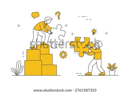 Teamwork collaboration solving puzzle, business problem solving partnership line art illustration