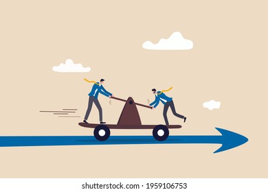 Teamwork collaboration to success in work, togetherness or partnership help reach goal or target concept, businessman working team collaborate to ride handcar on forward arrow.