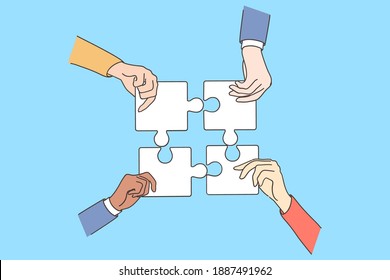 Teamwork, collaboration, suites strategy concept. Group of business people partners colleagues hands trying to connect puzzle pieces together in office vector illustration 