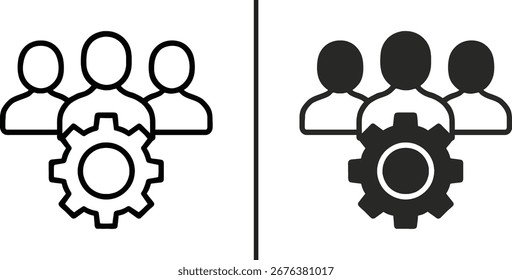 Trabajo en equipo y colaboración con el símbolo de la Tecnología: un conjunto de iconos de Personas con un engranaje para la gestión, las Configuraciones y los conceptos de ingeniería

