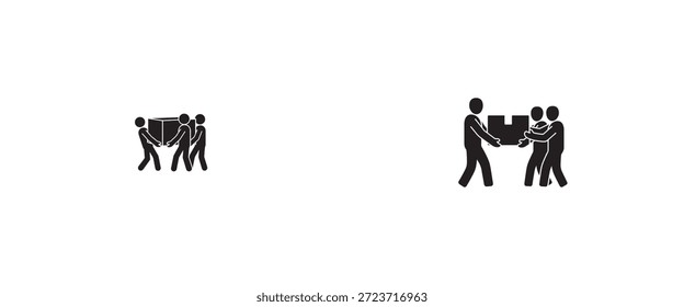 Trabajo en equipo y colaboración: Tres Personas trabajando juntas para levantar y mover una caja pesada - Manual de Profesional Trabajo y logística Concepto Ilustración