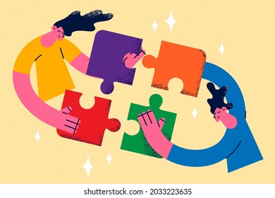 Teamwork, collaboration and uniting efforts concept. Two young people business colleagues man and woman uniting efforts fixing pieces of one puzzle together as team members vector illustration 