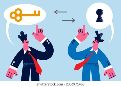 Teamwork, collaboration and uniting efforts concept. Two smiling positive businessmen colleagues cartoon characters standing with huge key and keyhole above over them vector illustration