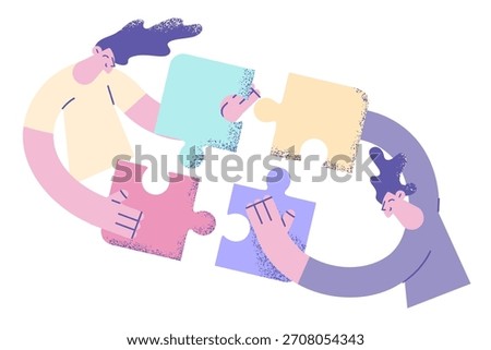 Teamwork, collaboration and uniting efforts concept. Two young people business colleagues man and woman uniting efforts fixing pieces of one puzzle together as team members vector illustration