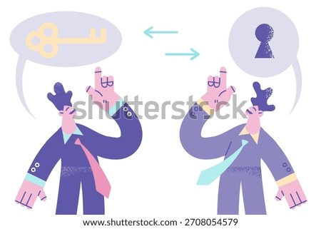 Teamwork, collaboration and uniting efforts concept. Two smiling positive businessmen colleagues cartoon characters standing with huge key and keyhole above over them vector illustration