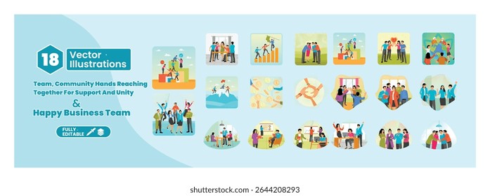 Teamwork, collaboration, and unity concept. Happy business teams work together, communicate, support each other, and celebrate successes in the office. Mega set.
