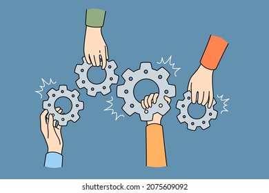 Teamwork collaboration and unity concept. Human hands of business partners holding gears as symbol of cooperation vector illustration 