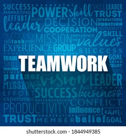 TEAMWORK - collaborative effort of a group to achieve a common goal or to complete a task in the most effective and efficient way, word cloud concept background