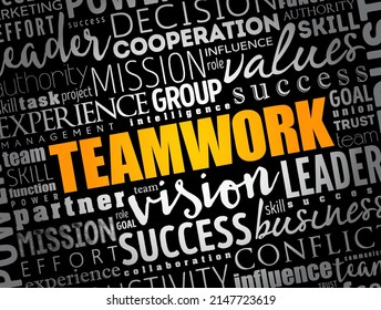 TEAMWORK - collaborative effort of a group to achieve a common goal or to complete a task in the most effective and efficient way, word cloud concept background