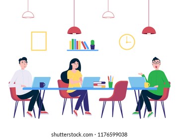 Teamwork of colleagues in the meeting room office with laptops, coffee and chairs happy men and woman talking and working vector characters flat style vector illustration. Teamwork concept in business