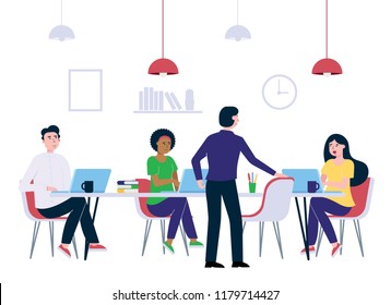 Teamwork of colleagues in the meeting room office with laptops, coffee and chairs happy men and woman talking and working vector characters flat style vector illustration. Teamwork concept in business