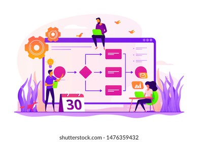 Trabalho em equipe, colegas trabalhando no projeto. Inicialização. Gerenciamento de processos de negócios, visualização de processos de negócios, conceito de análise de negócios de TI. Ilustração criativa de conceito isolado do vetor