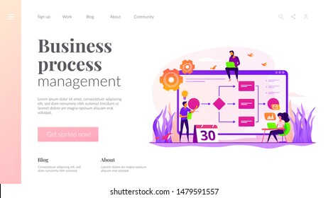 Teamwork, colleagues working on project. Startup launch. Business process management, business process visualization, IT business analysis concept. Website homepage header landing web page template.