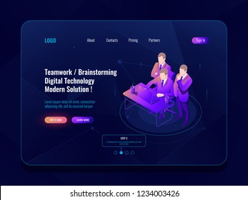 Teamwork and collective meeting, office workflow, brainstorm concept isometric icon, code review, engineer, programmer laptop vector Teamwork and collective meeting, office workflow, brainstorm concept isometric icon, code review, engineer, programmer laptop vector