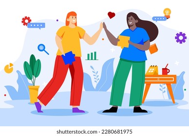 Teamwork color concept with people scene in the flat cartoon design. Two friends work together to achieve a good result. Vector illustration.