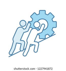 Teamwork color icon. Team. Partnership. Two businessmen pushing cogwheel up. Join efforts. Isolated vector illustration