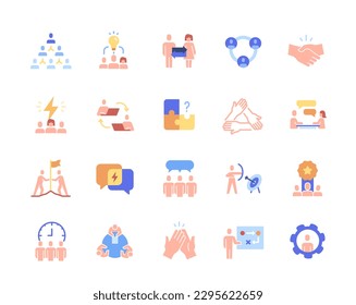 Conjunto de iconos de color de trabajo en equipo. Los caracteres colocan la bandera encima. Visión del futuro, liderazgo y motivación. Colaboración y cooperación. Empleado con arco en el blanco. Colección de ilustraciones vectoriales planas