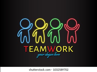 Teamwork colorful logo. Four stylized human figures with neon glow isolated on dark background. Group of friendly help and support. Bright design element for presentations, annual report, dialogue