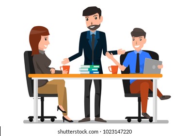 Teamwork and communication between co-workers, friendly environment for productivity and creativity. business man and woman working in office. cartoon character business concept vector illustration