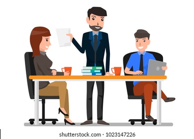 Teamwork and communication between co-workers, friendly environment for productivity and creativity. business man and woman working in office. cartoon character business concept vector illustration