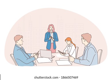 Teamwork, communication, business discussion concept. Business people partners coworkers cartoon characters discussing working projects, having brainstorming, making presentations together