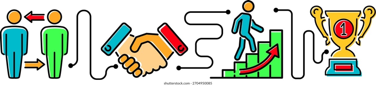 Teamwork or communication career horizontal banner with colored line icons team, handshake, career and award. team work process infographics. isolated vector illustration
