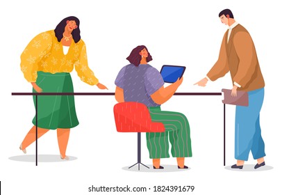 Teamwork communication, communicating office workers, woman sitting at table with tablet talking with colleague man, businesspeople discussing work moments, strategy, partners, employee, brainstorming