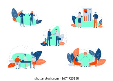 Teamwork, communication, coworking set concept. Collection of businesspeople men women working together in office. Process of coworking and brainstorming through communication. Business relationships