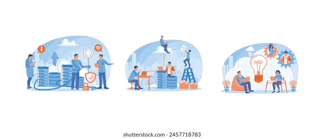 Teamwork und Kommunikation. Mitarbeiter speichern Daten auf Laptops. Arbeiten Sie online. Könnte ein Computerkonzept sein. Flache Vektorillustration einstellen.