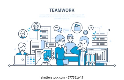 Teamwork, communication and exchange of important information, dialogues and discussions, and workflow space. Illustration thin line design of vector doodles, infographics elements.