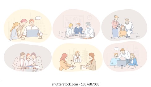 Teamwork, communication, meeting, discussion, collaboration concept. Business people partners coworkers cartoon characters discussing projects, having brainstormings and meetings in office 
