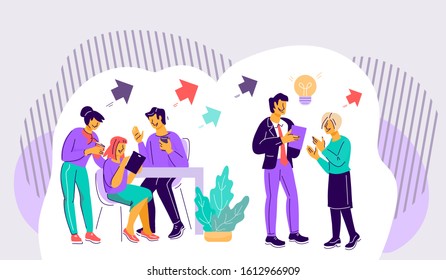 Teamwork communication, productive cooperation on joint project and friendly job environment. Office employees characters work successfully. Partnership and collaboration. Flat vector illustration.