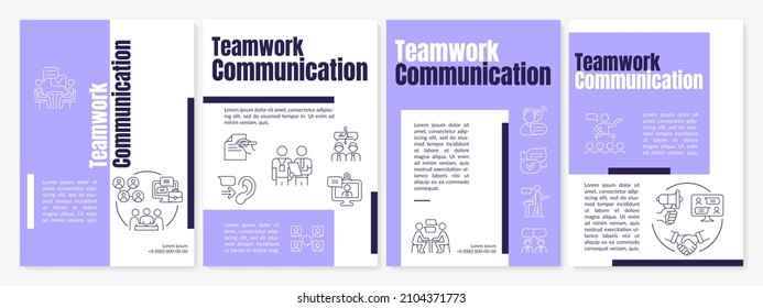 Teamwork communication purple brochure template. Team build. Booklet print design with linear icons. Vector layouts for presentation, annual reports, ads. Anton-Regular, Lato-Regular fonts used