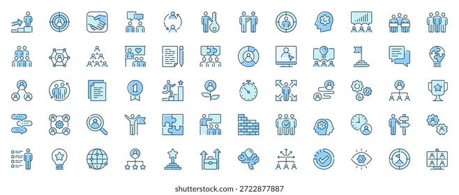 Ícones da Web da comunidade de trabalho em equipe definidos no design de linha. Pacote de pictograma duotônico de desenvolvimento de carreira, alvo, comunicação, parceria, reunião, liderança, mais sinais de traço de esboço. Ilustração vetorial.