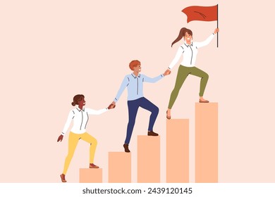 Teamwork company employees climbing up on schedule to hoist flag to top and achieve superiority over competitors. Woman leader organizes teamwork with colleagues to get outstanding results in business