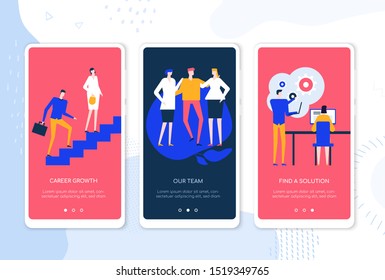 Teamwork in company - set of vector web pages for smartphone. Career growth, our team, find solution webpage, app walkthrough steps. Coworkers working on project phone interface illustrations