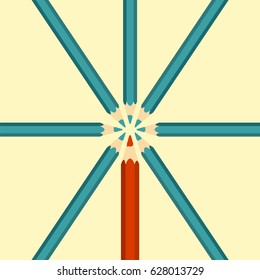 Teamwork, competition, partnership concept for business. Multicolored pencils are placed in a circle. Vector.