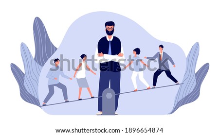 Teamwork competition. Worker comparison, people save balance. Boss looking at employee on scale, unbalanced company team utter vector concept