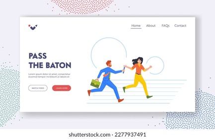 Teamwork Competition,Landing Page Template. Business Characters Man and Woman Participate In Relay Race Passing Baton
